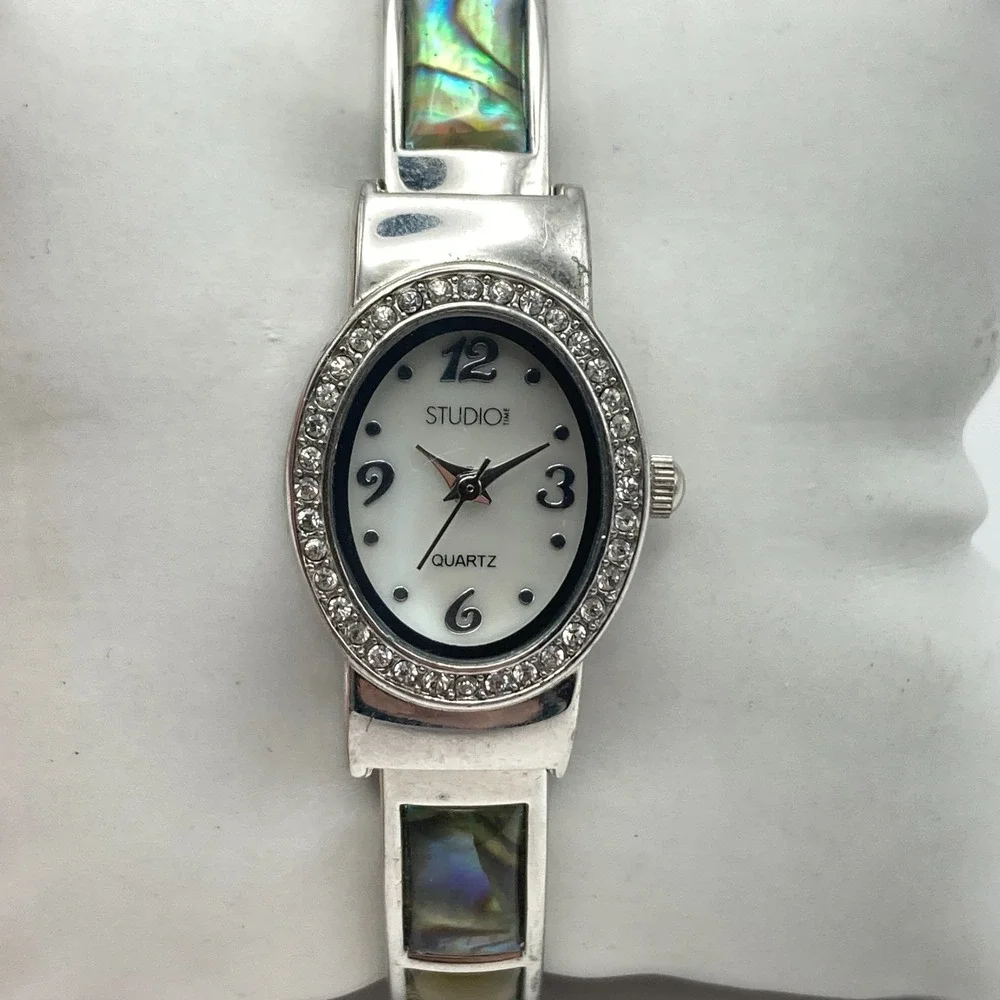 Studio Time Women's Watch 20mm Abalone Silver Tone MOP Crystals Cuff New Battery